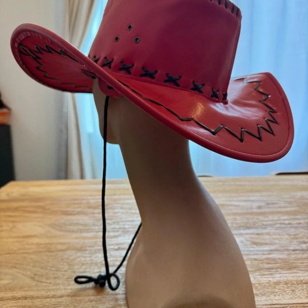 Vintage Red Faux Leather Cowboy Hat Bull Head Embossed Black Lace Trim